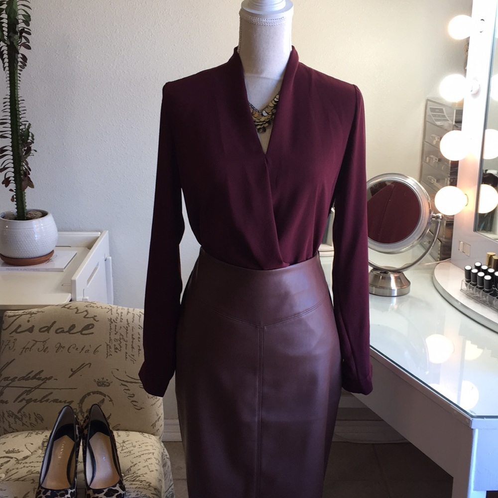 Burgundy V Neck long sleeve sheer blouse